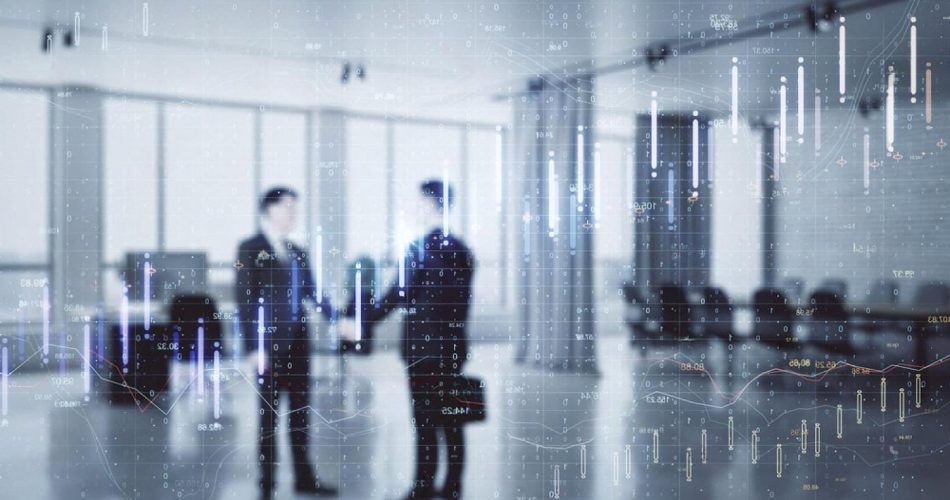 Two business partners shaking hands in a UAE office with financial data overlay, illustrating beneficial ownership and PEP risk review